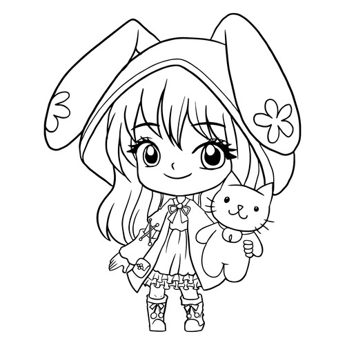 Página para colorear «Niña anime kawaii con gatito» dibujo para colorear gratis de Páginas para colorear de chicas anime