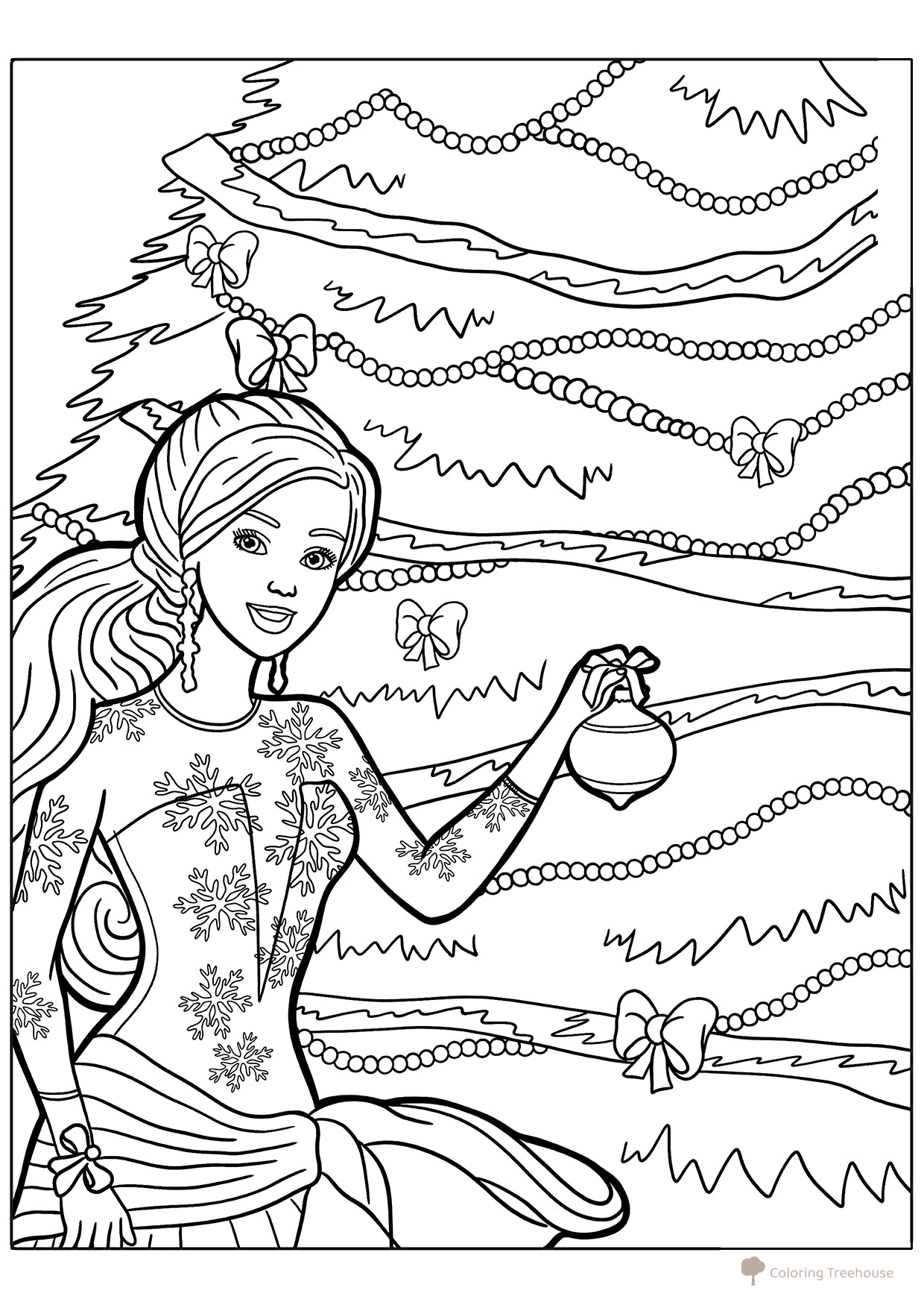 Barbie Decorating the Christmas Tree Coloring Page free printable Barbie Coloring Pages for Girls coloring page