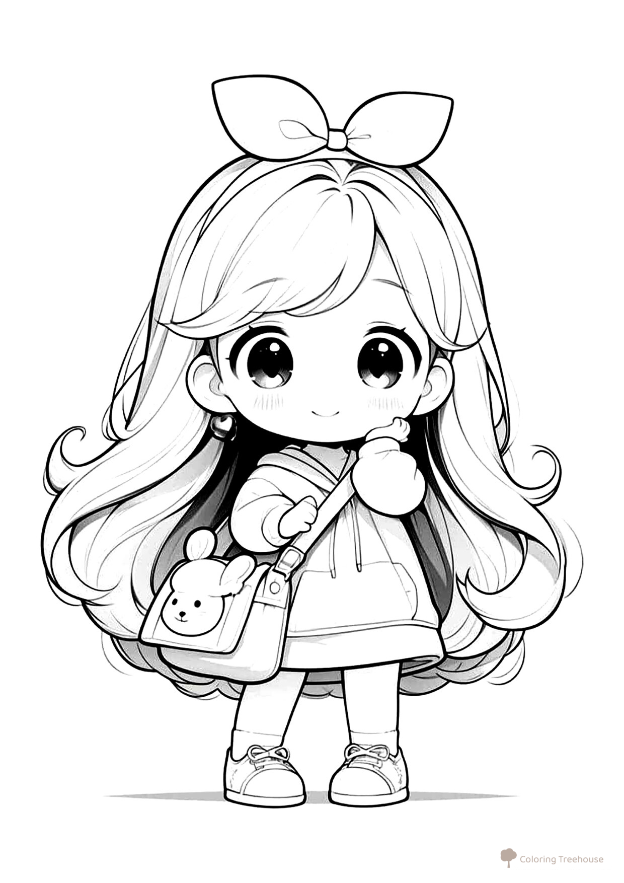 Cute Girl with a Bow Coloring Page free printable Anime Girl Coloring Pages coloring page