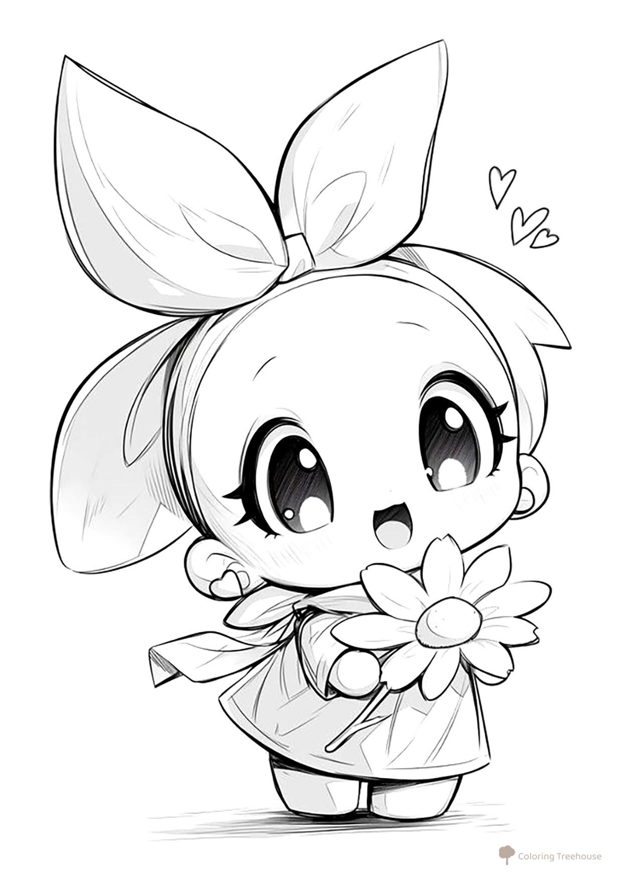 Página para colorear «Tierna niña con una flor» dibujo para colorear gratis de Páginas para colorear de chicas anime