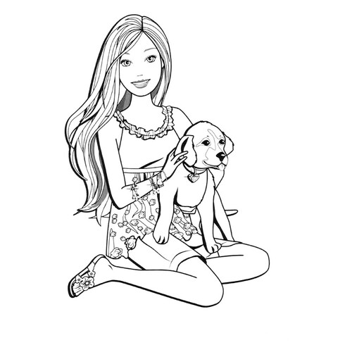 Barbie le regaló un perro - página para colorear dibujo para colorear gratis de Barbie Coloring Pages for Girls