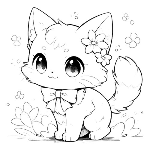 Página para colorear «Gatito anime con lazo» dibujo para colorear gratis de Páginas para colorear de anime: gatitos