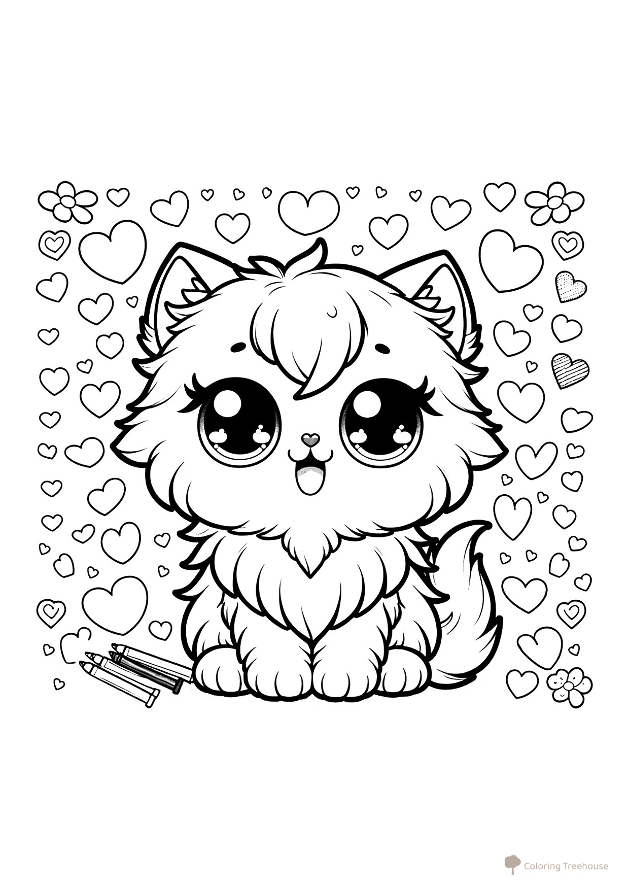Página para colorear «Gatito anime con corazones» dibujo para colorear gratis de Páginas para colorear de anime: gatitos