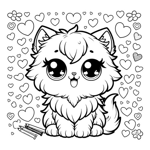 Página para colorear «Gatito anime con corazones» dibujo para colorear gratis de Páginas para colorear de anime: gatitos