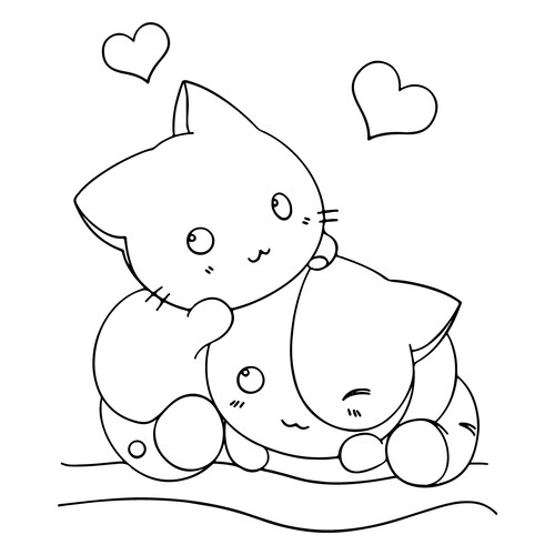 Página para colorear «Gatitos estilo anime y corazones» dibujo para colorear gratis de Páginas para colorear de anime: gatitos