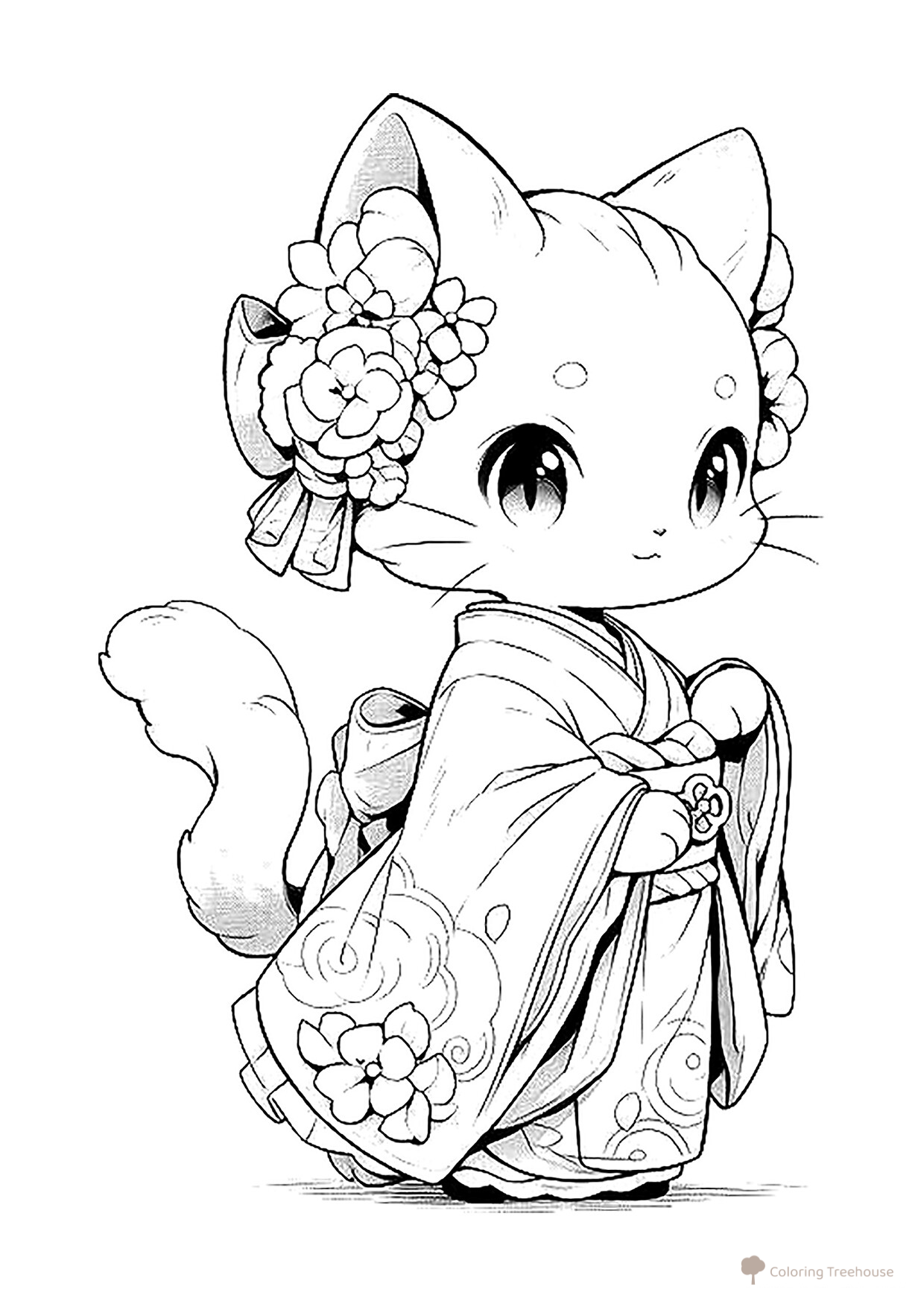 Página para colorear «Gato con traje tradicional oriental» dibujo para colorear gratis de Páginas para colorear de anime: gatitos