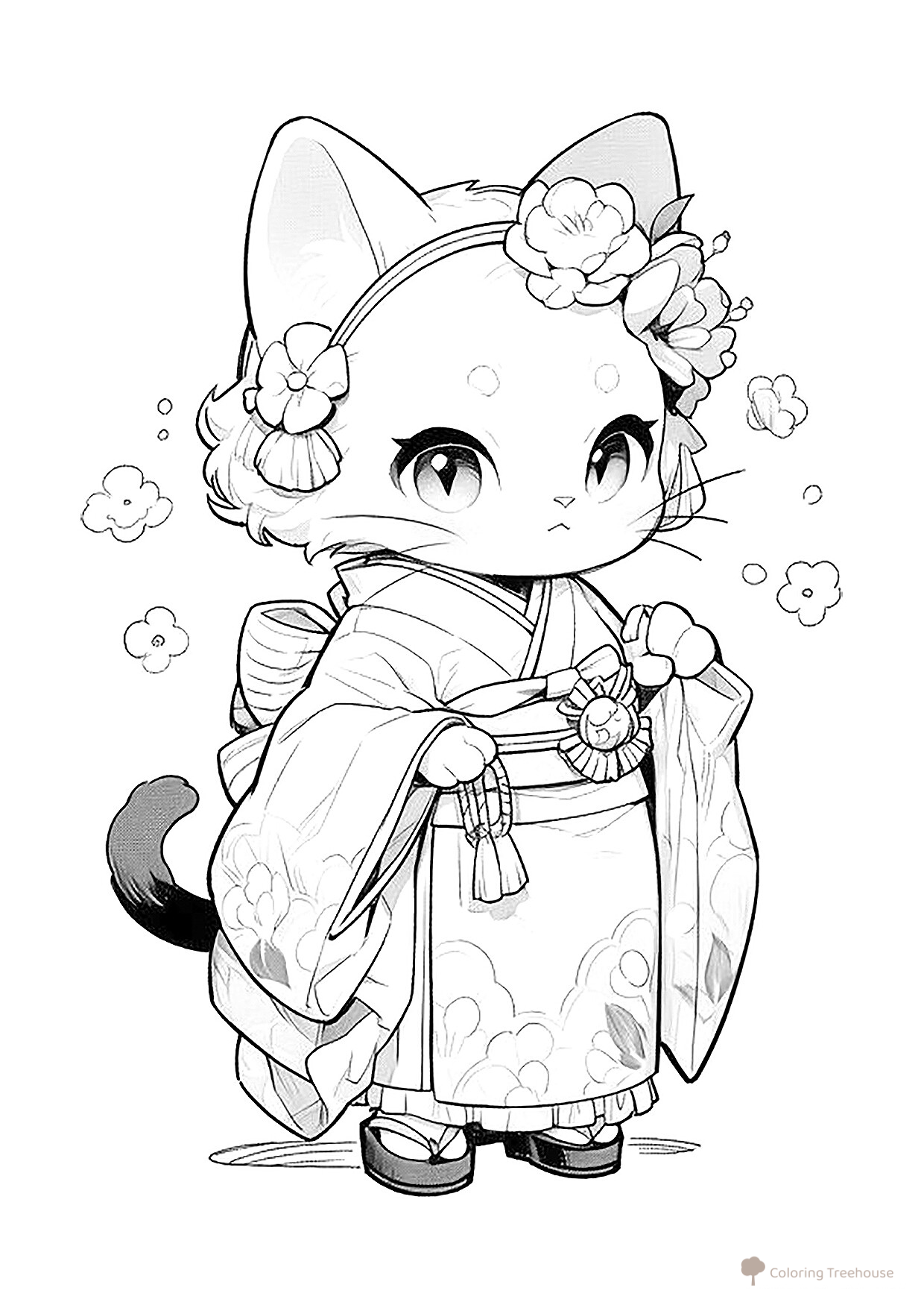 Página para colorear «Gato con traje japonés» dibujo para colorear gratis de Páginas para colorear de anime: gatitos