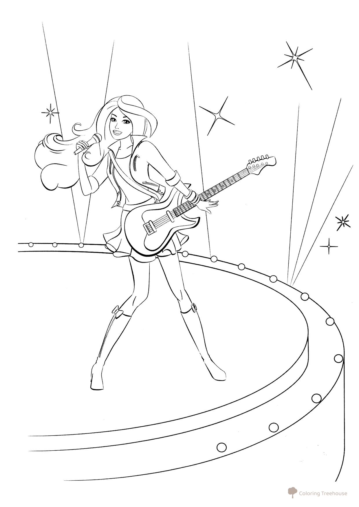 Barbie Singing and Playing Guitar Coloring Page free printable Barbie Coloring Pages for Girls coloring page
