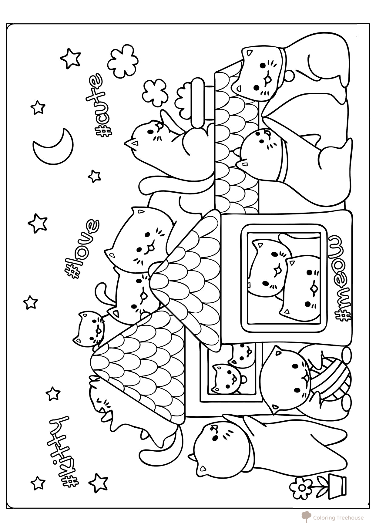 Página para colorear «Familia de adorables gatitos» dibujo para colorear gratis de Páginas para colorear de anime: gatitos