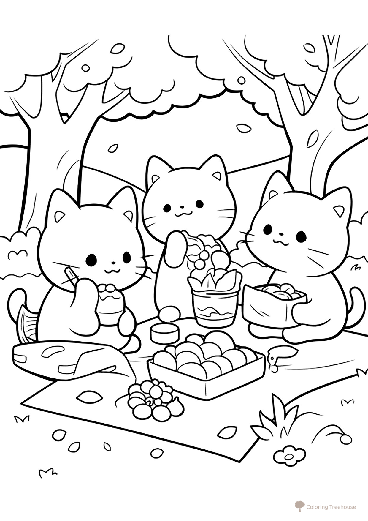 Coloring Page: Three Cute Kittens on a Picnic free printable Anime Cat Coloring Pages coloring page