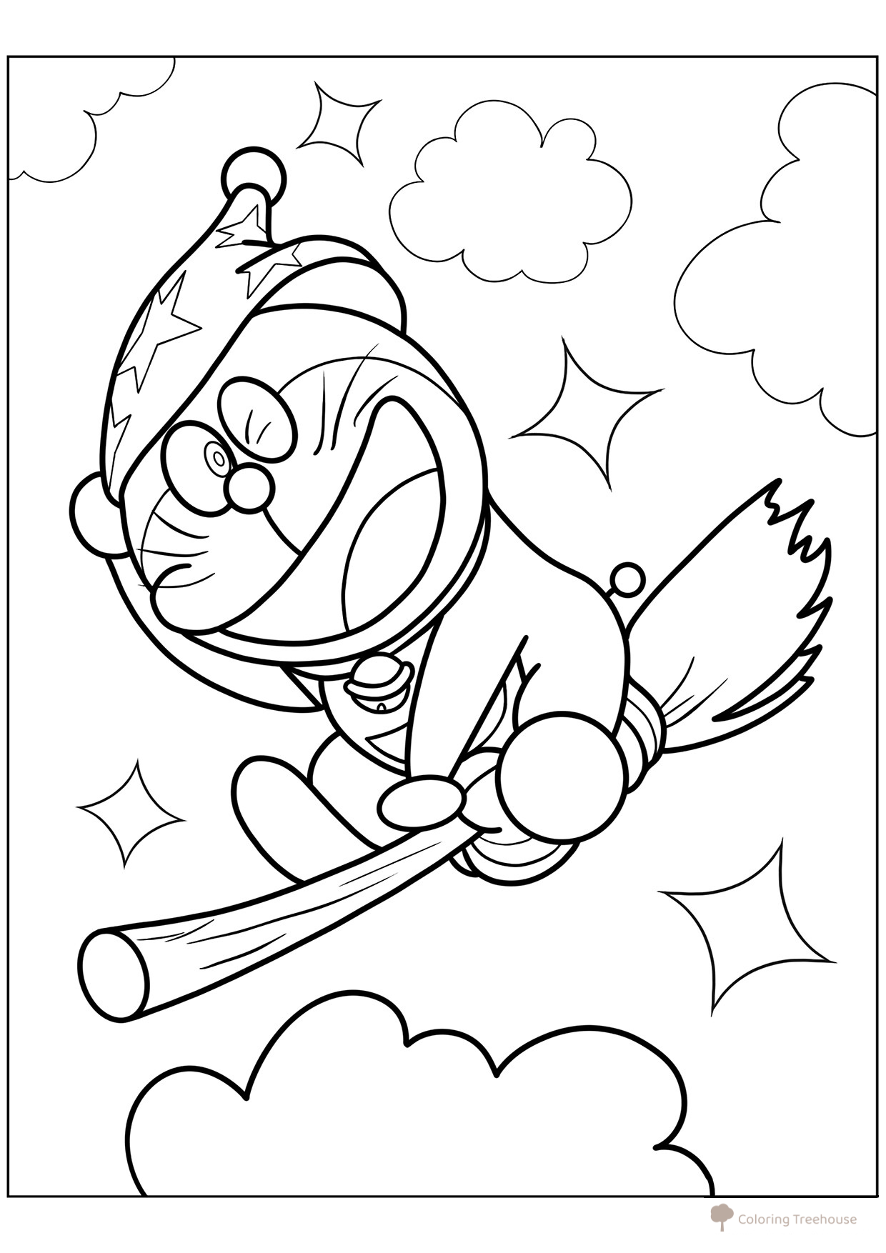 Doraemon con disfraz de bruja - página para colorear dibujo para colorear gratis de Doraemon para colorear
