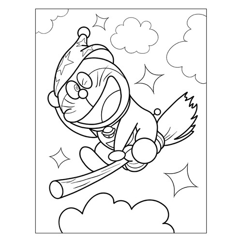 Doraemon con disfraz de bruja - página para colorear dibujo para colorear gratis de Doraemon para colorear