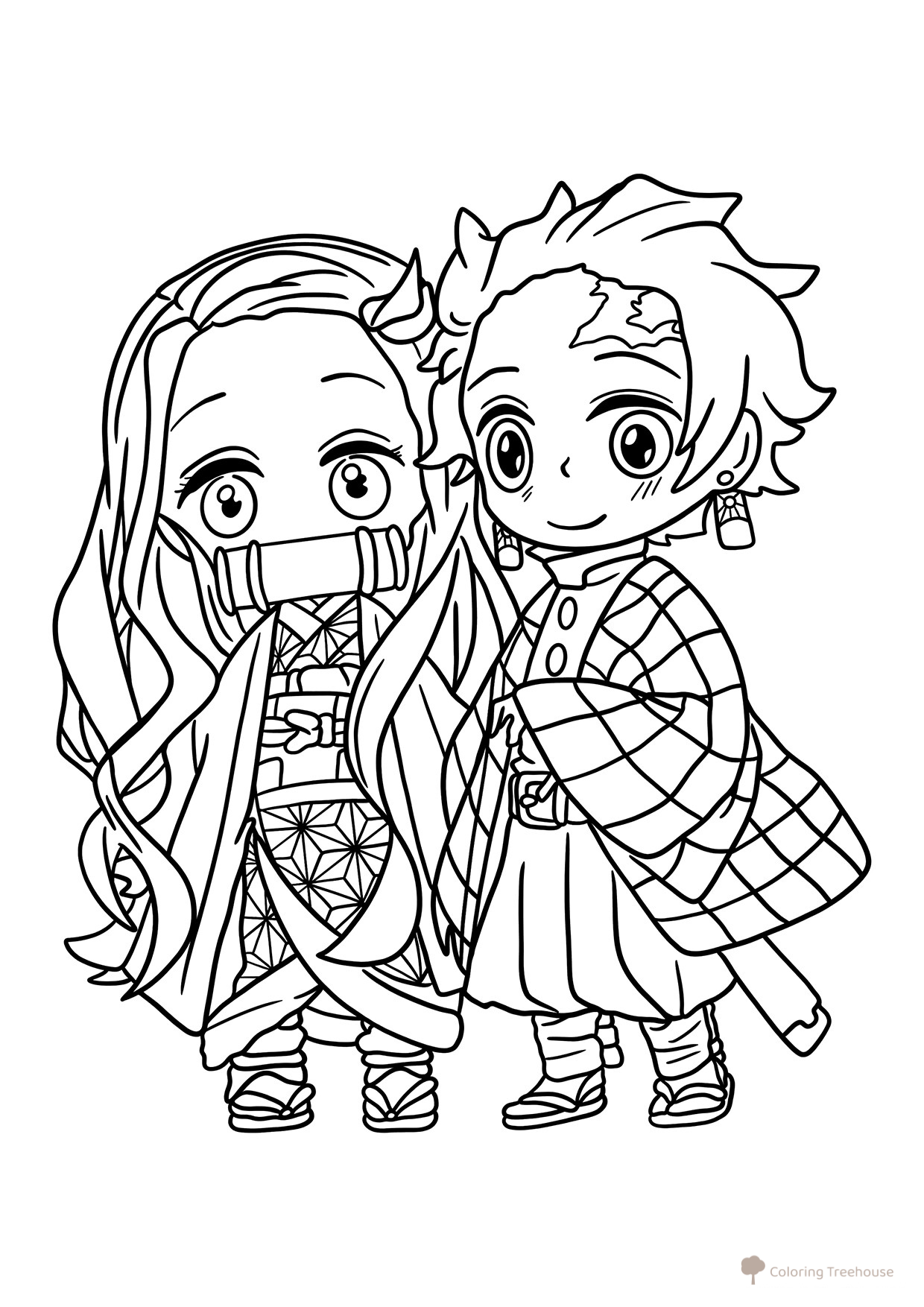Chibi Tanjiro and Nezuko Coloring Page free printable Demon Slayer Coloring Pages coloring page