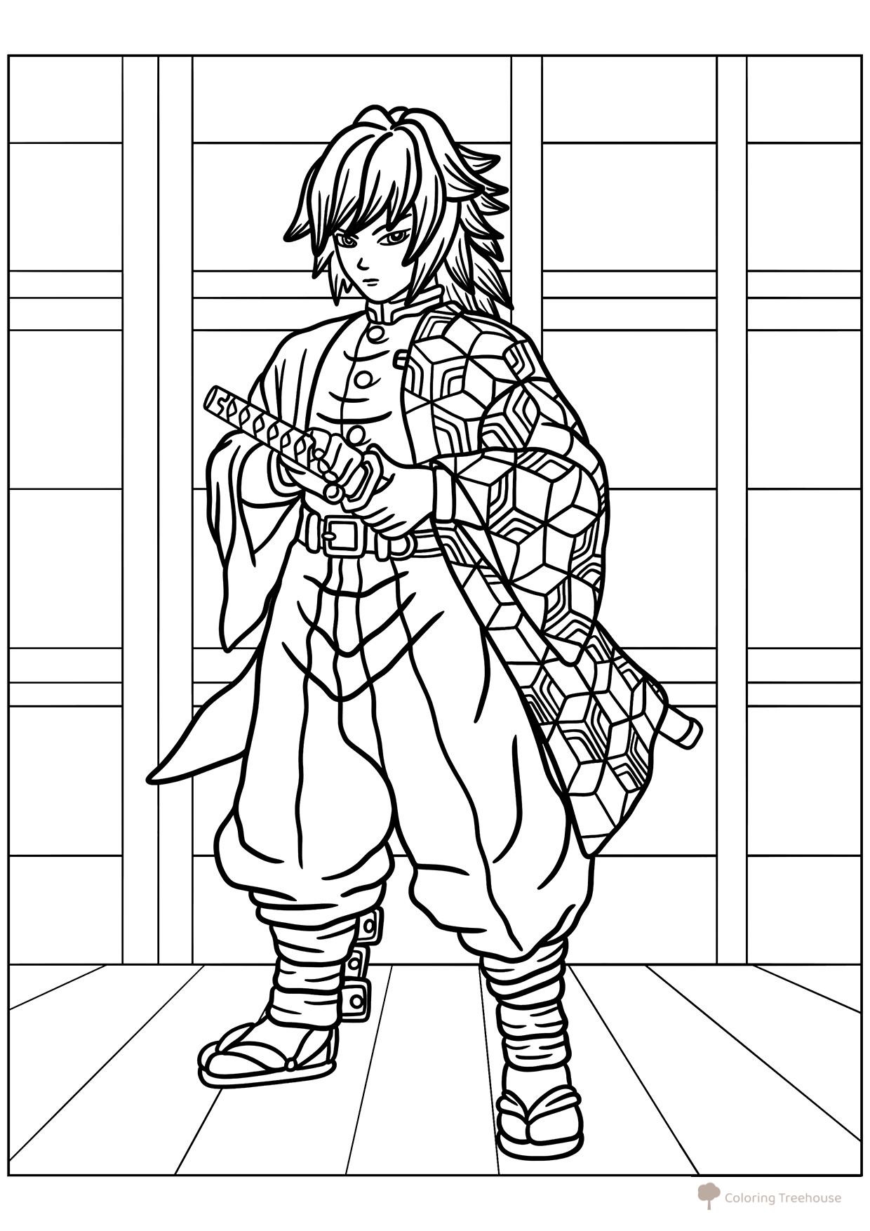 Página para colorear «Giyu Tomioka con espada» dibujo para colorear gratis de Páginas para colorear de Kimetsu no Yaiba