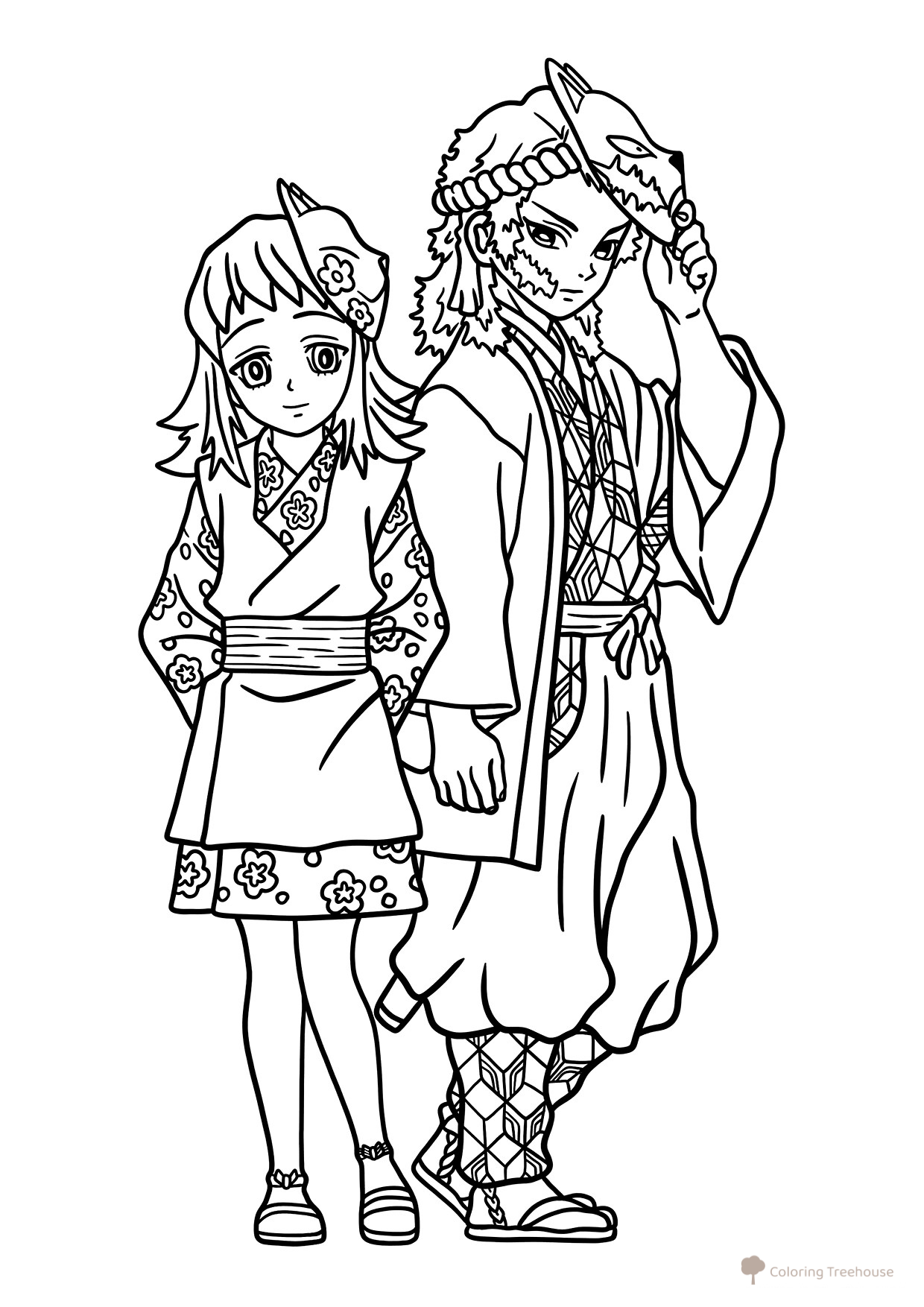 Página para colorear «Makomo y Sabito» dibujo para colorear gratis de Páginas para colorear de Kimetsu no Yaiba