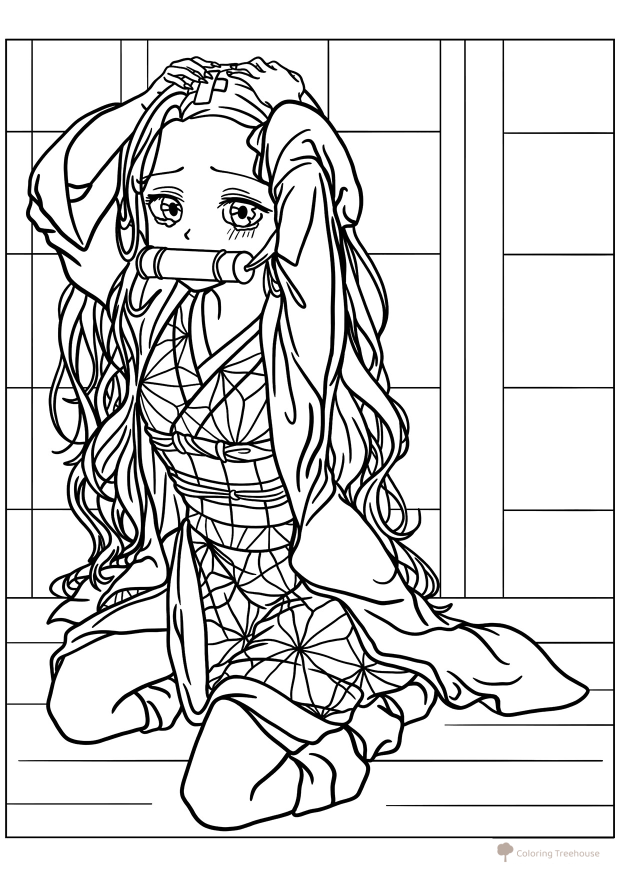 Página para colorear «Nezuko Kamado con un bozal de bambú» dibujo para colorear gratis de Páginas para colorear de Kimetsu no Yaiba