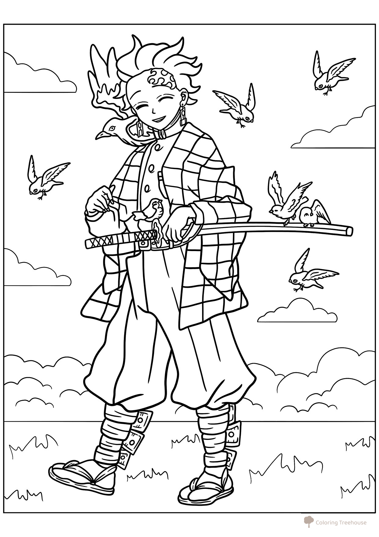 Página para colorear «Tandzhirō con pájaros» dibujo para colorear gratis de Páginas para colorear de Kimetsu no Yaiba