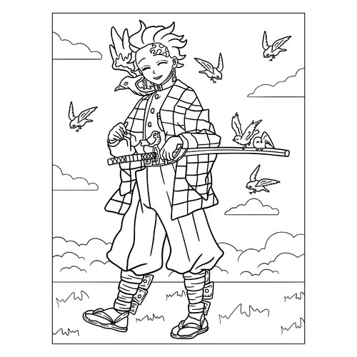 Página para colorear «Tandzhirō con pájaros» dibujo para colorear gratis de Páginas para colorear de Kimetsu no Yaiba