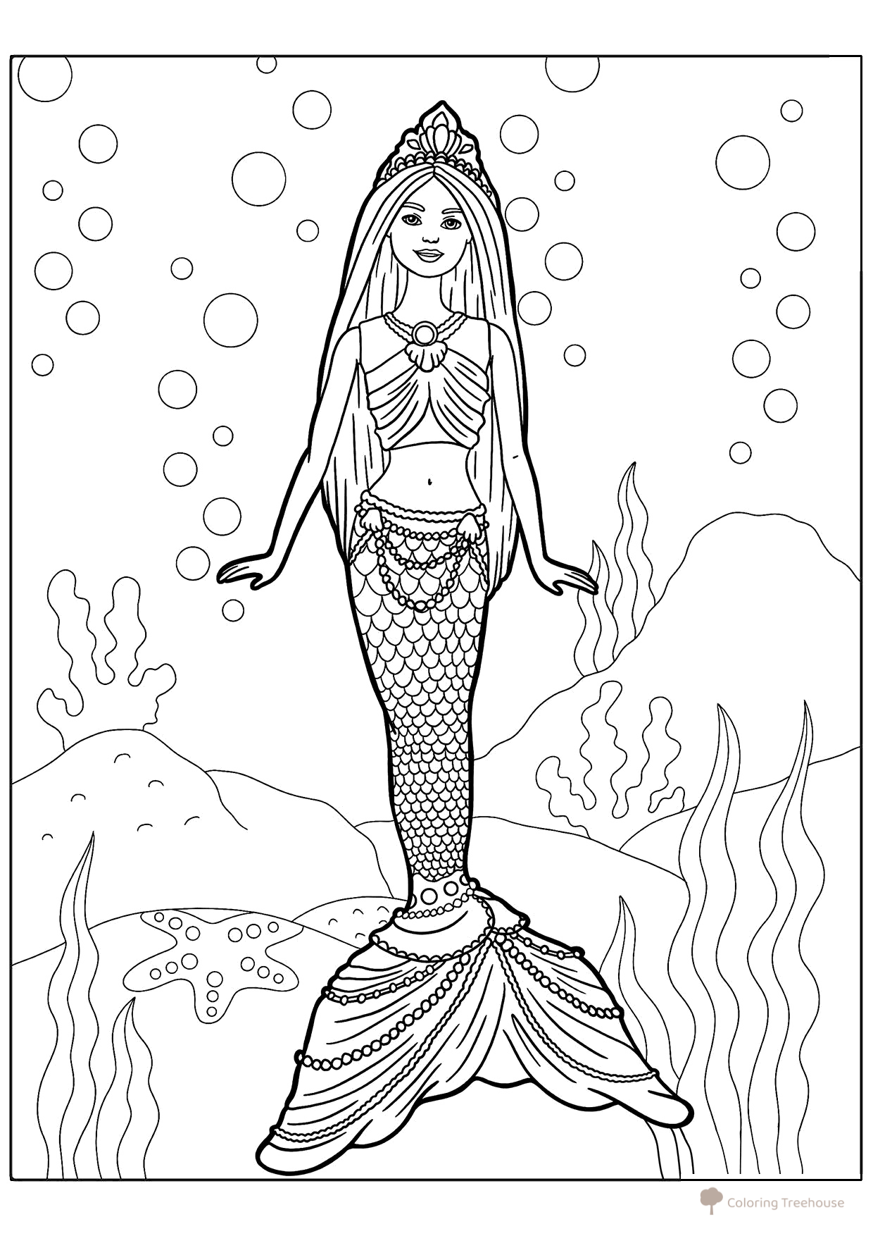 Página para colorear «Barbie sirena bajo el agua» dibujo para colorear gratis de Barbie Coloring Pages for Girls