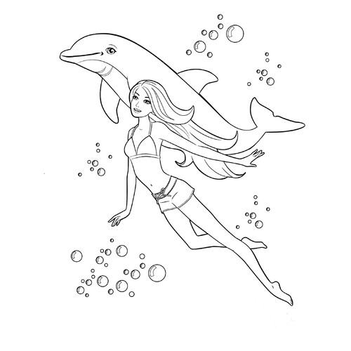 Barbie con delfín - página para colorear dibujo para colorear gratis de Barbie Coloring Pages for Girls