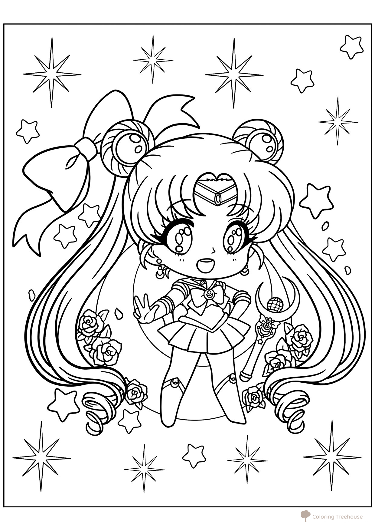 Página para colorear «Chibi Sailor Moon con estrellas» dibujo para colorear gratis de Páginas para colorear de Sailor Moon