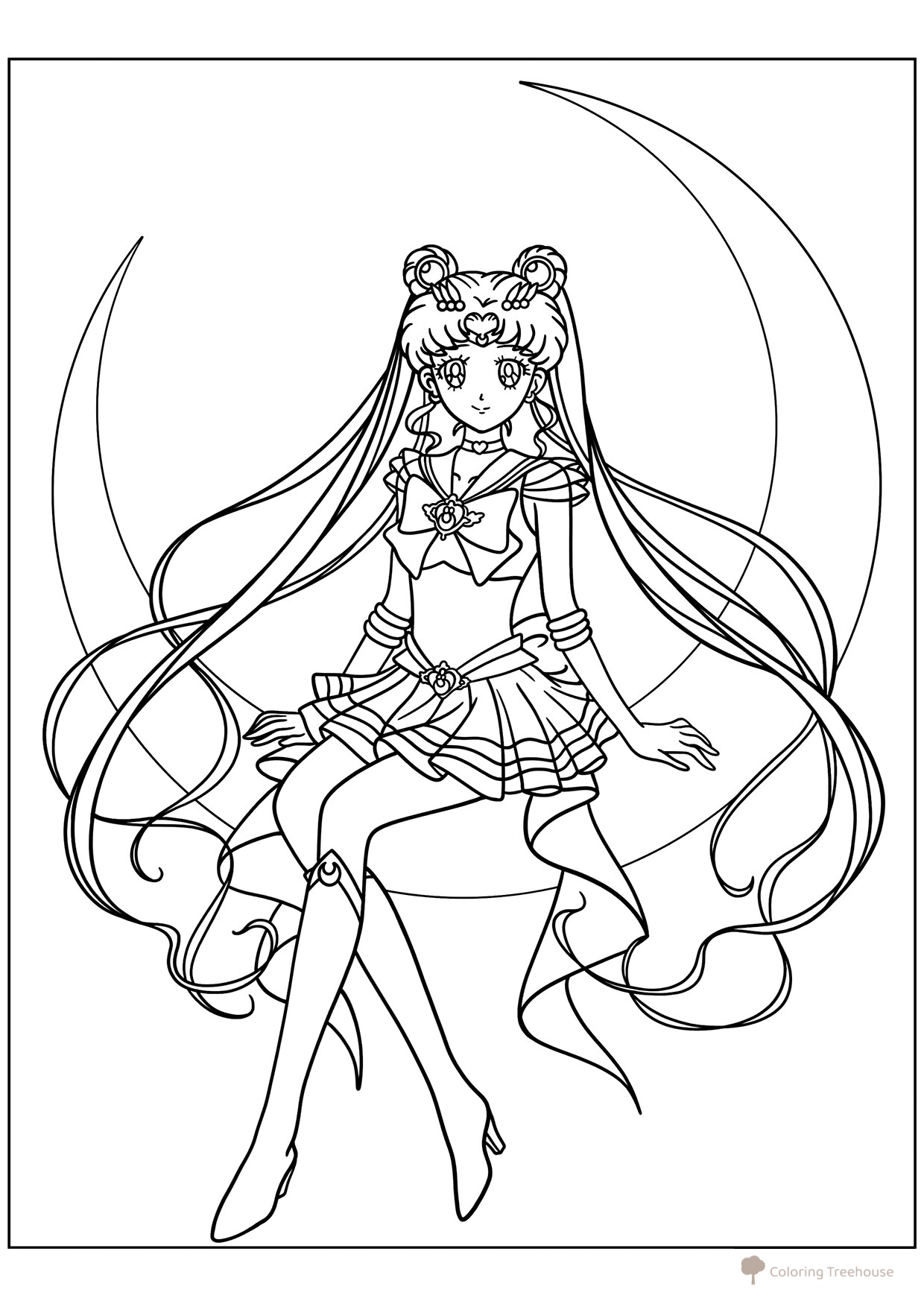 Sailor Moon sentada en la media luna – página para colorear dibujo para colorear gratis de Páginas para colorear de Sailor Moon
