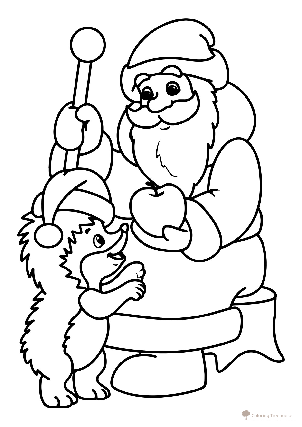 Santa Gives an Apple to a Hedgehog Coloring Page free printable Ded Moroz Coloring Pages coloring page