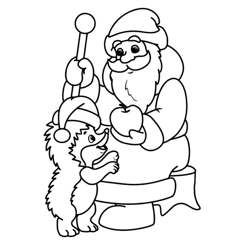 Dibujo para colorear: Ded Moroz regala una manzana al erizo dibujo para colorear gratis de Páginas para colorear de Ded Moroz (Дед Мороз)