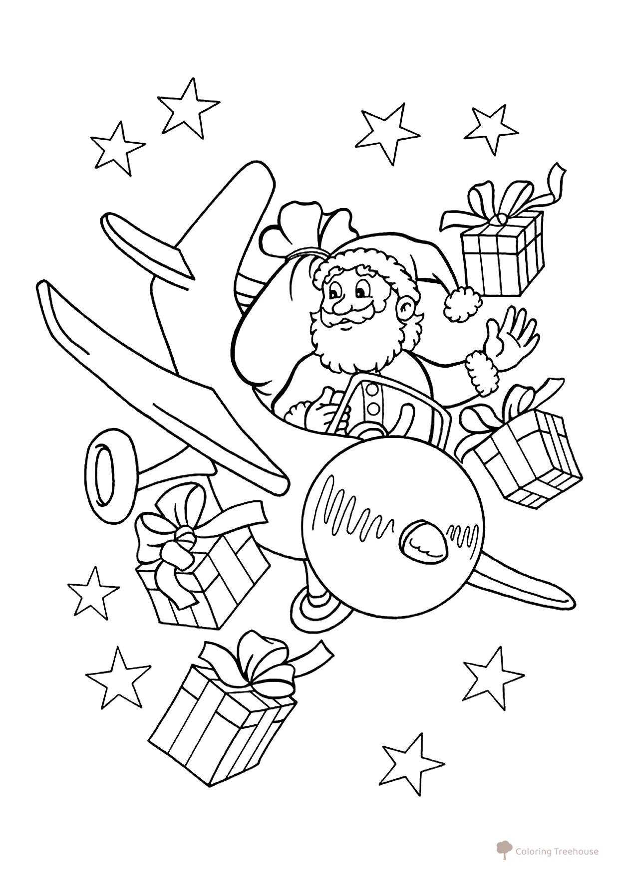 Dibujo para colorear: Ded Moroz en un avión con regalos dibujo para colorear gratis de Páginas para colorear de Ded Moroz (Дед Мороз)