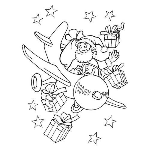 Dibujo para colorear: Ded Moroz en un avión con regalos dibujo para colorear gratis de Páginas para colorear de Ded Moroz (Дед Мороз)