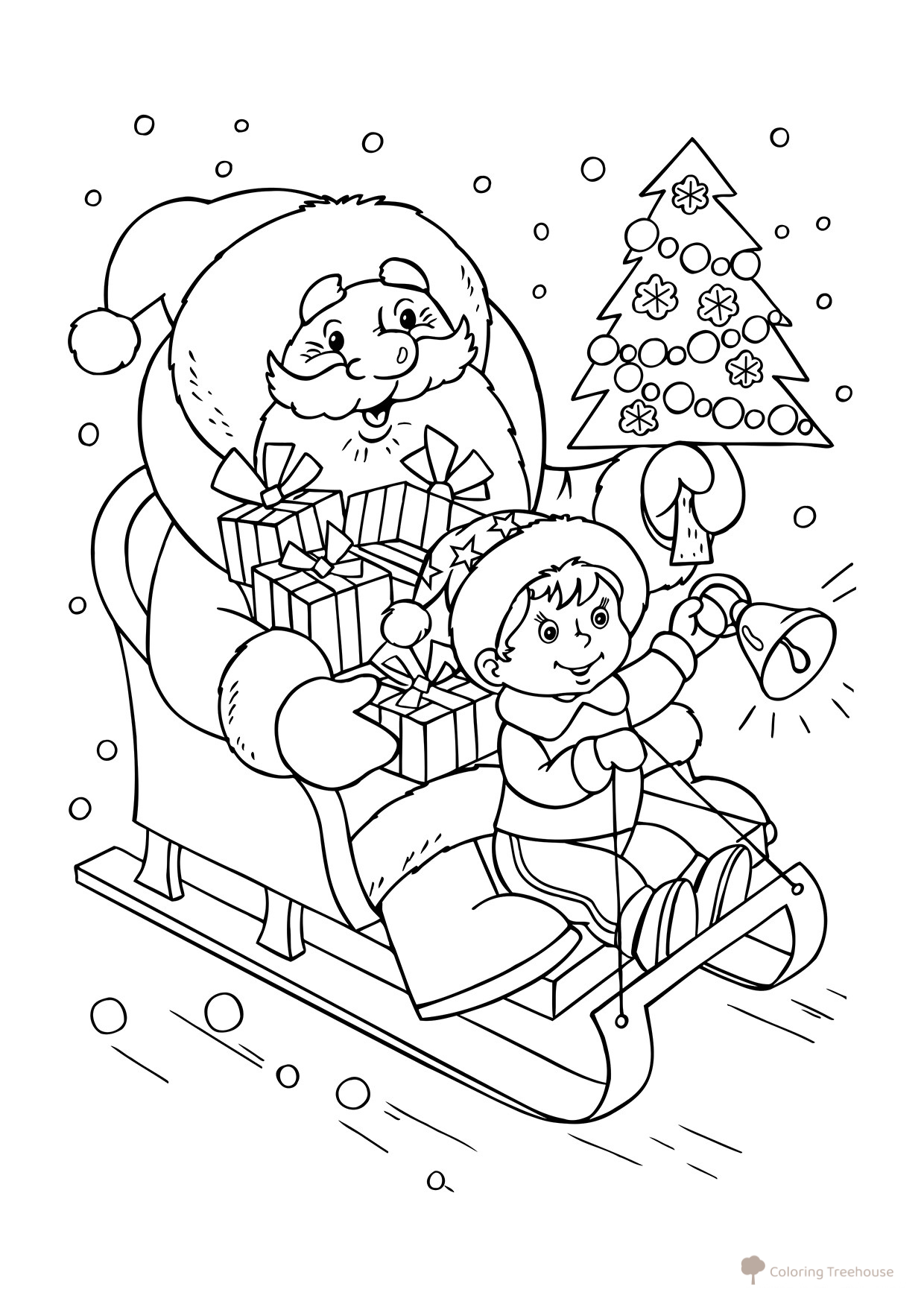 Página para colorear de Ded Moroz en un trineo con un niño dibujo para colorear gratis de Páginas para colorear de Ded Moroz (Дед Мороз)