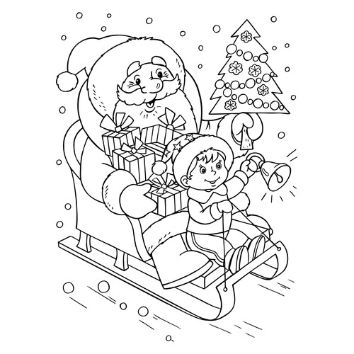Página para colorear de Ded Moroz en un trineo con un niño dibujo para colorear gratis de Páginas para colorear de Ded Moroz (Дед Мороз)