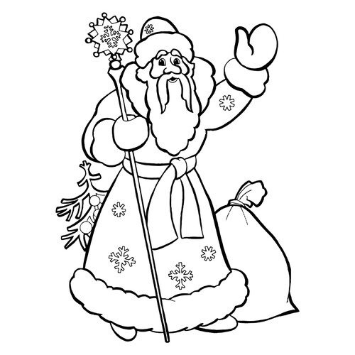 为孩子们的涂色页:戴着礼物袋和圣诞树的俄罗斯圣诞老人(Дед Мороз) 免费可打印Дед Мороз 涂色页(俄罗斯圣诞老人)涂色页