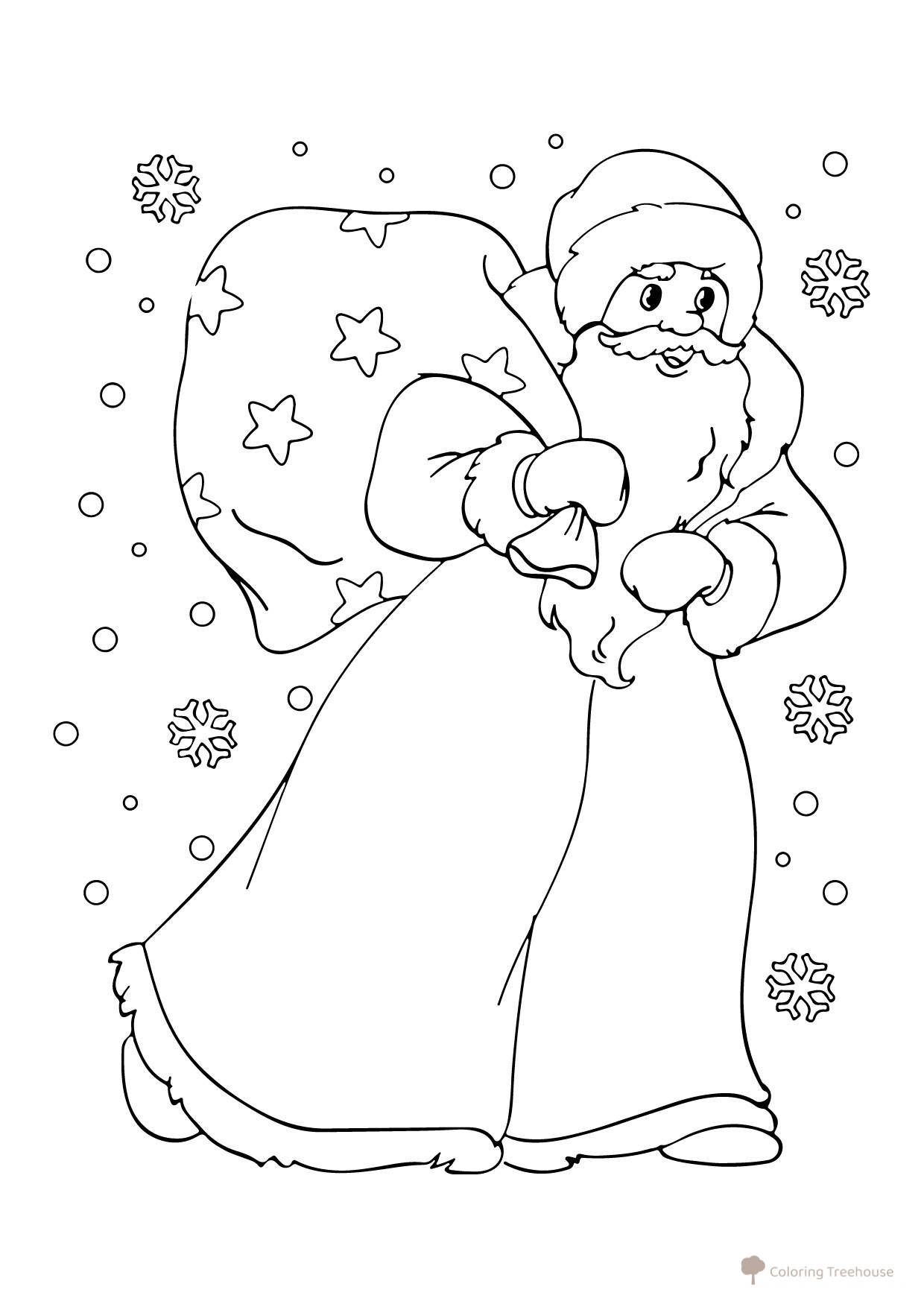 Ded Moroz con un enorme saco de regalos — página para colorear dibujo para colorear gratis de Páginas para colorear de Ded Moroz (Дед Мороз)