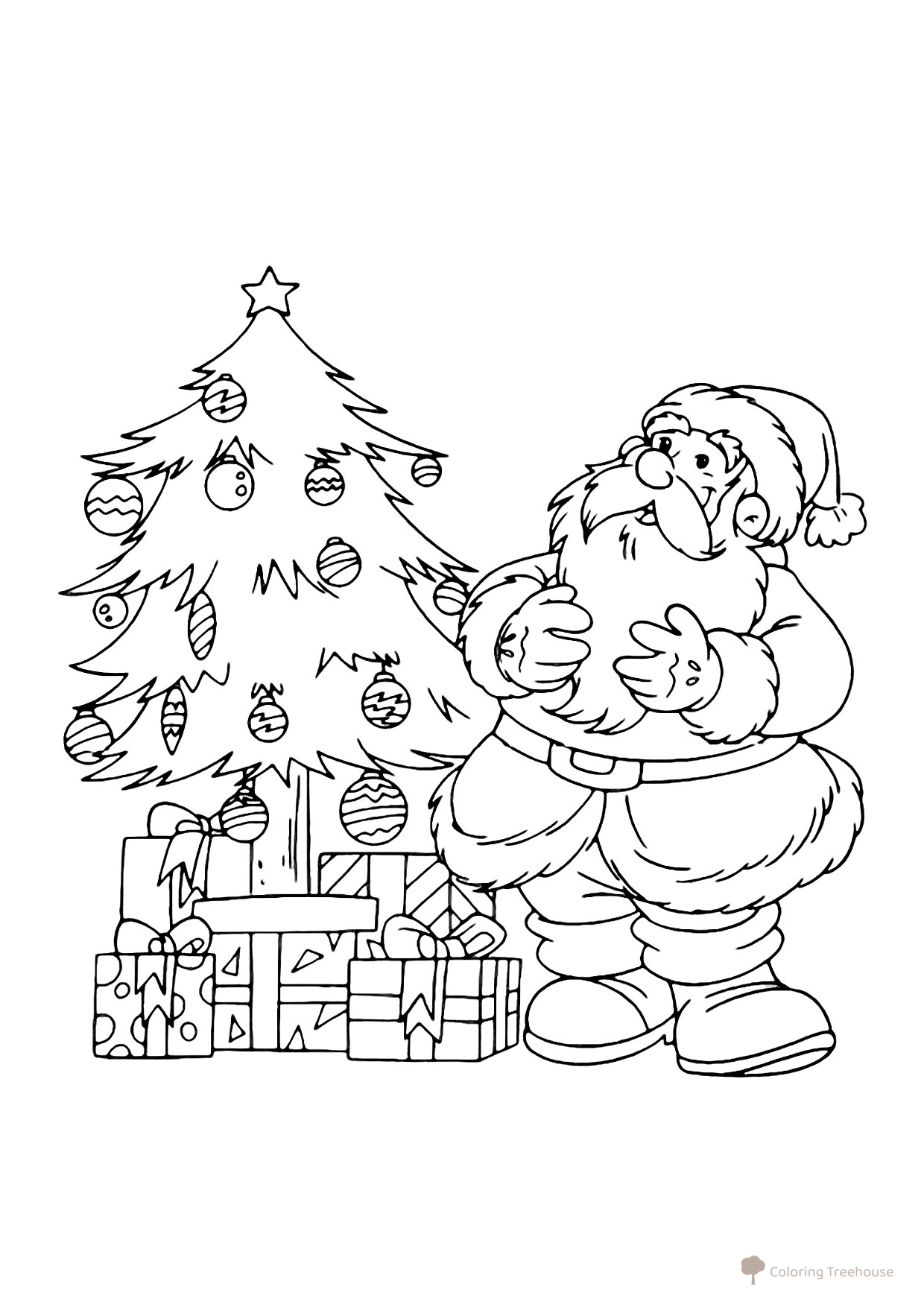 Santa Claus Watching Children Decorate the Christmas Tree Coloring Page free printable Ded Moroz Coloring Pages coloring page