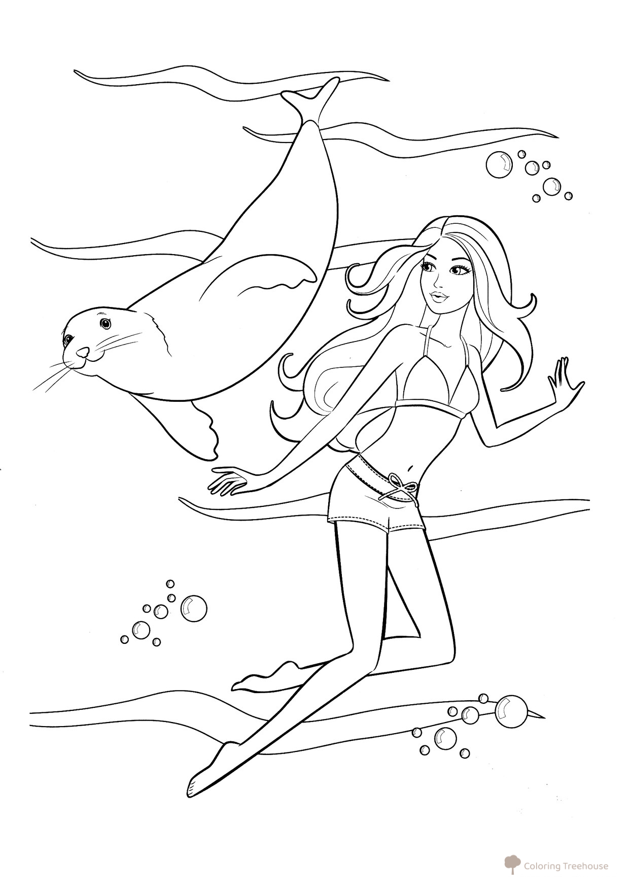 Barbie con un leoncito marino - Página para colorear dibujo para colorear gratis de Barbie Coloring Pages for Girls