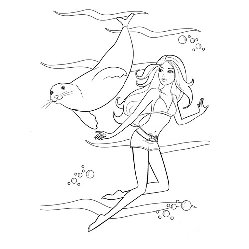 Barbie con un leoncito marino - Página para colorear dibujo para colorear gratis de Barbie Coloring Pages for Girls