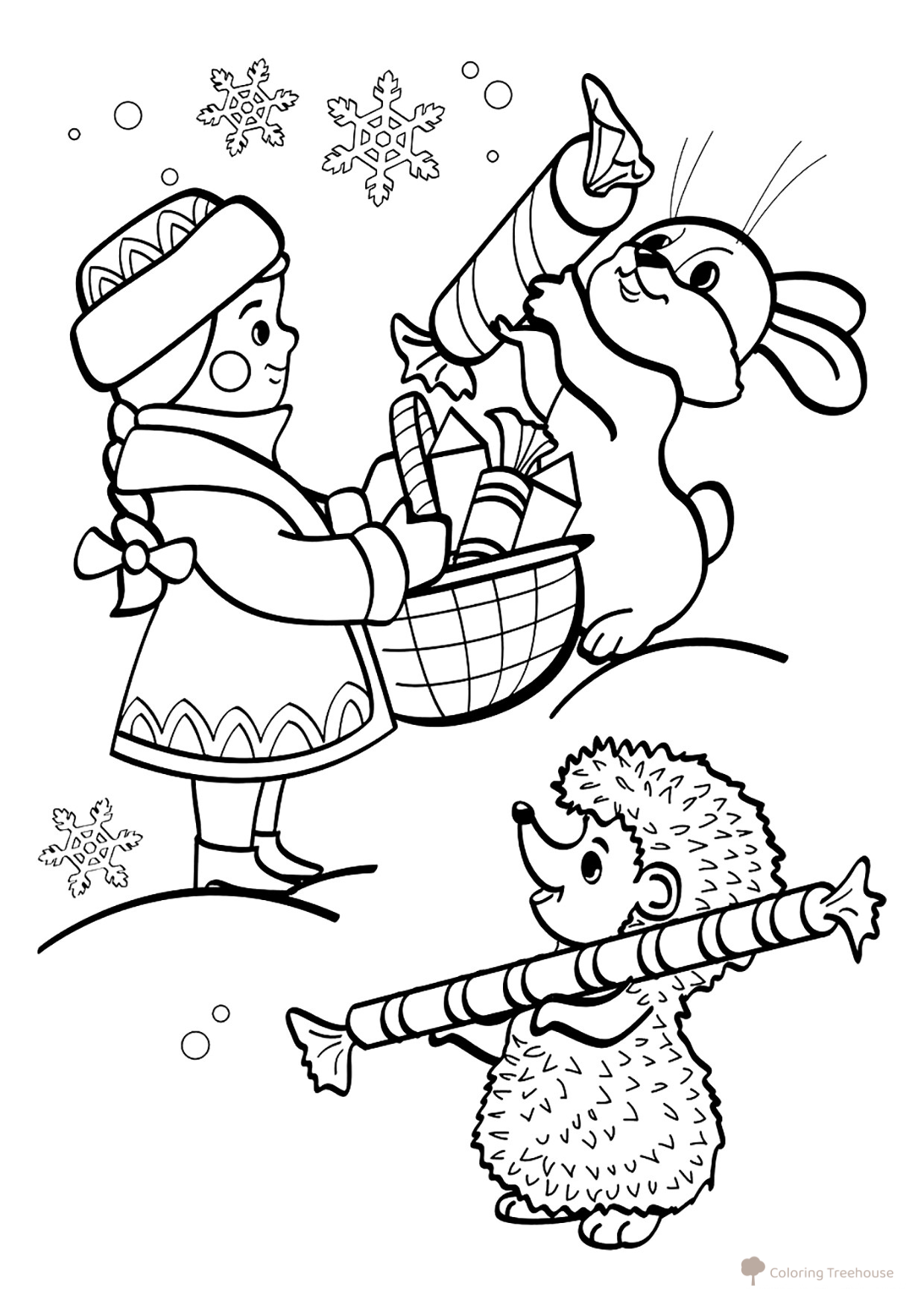 Colorear: Snegurka, el conejito y el erizo dibujo para colorear gratis de Páginas para colorear de Snegurochka