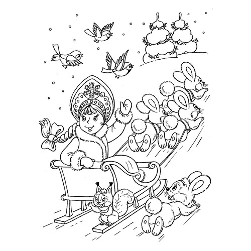 涂色页:雪姑娘驾雪橇与兔子同行 免费可打印雪姑娘(Снегурочка)着色页涂色页