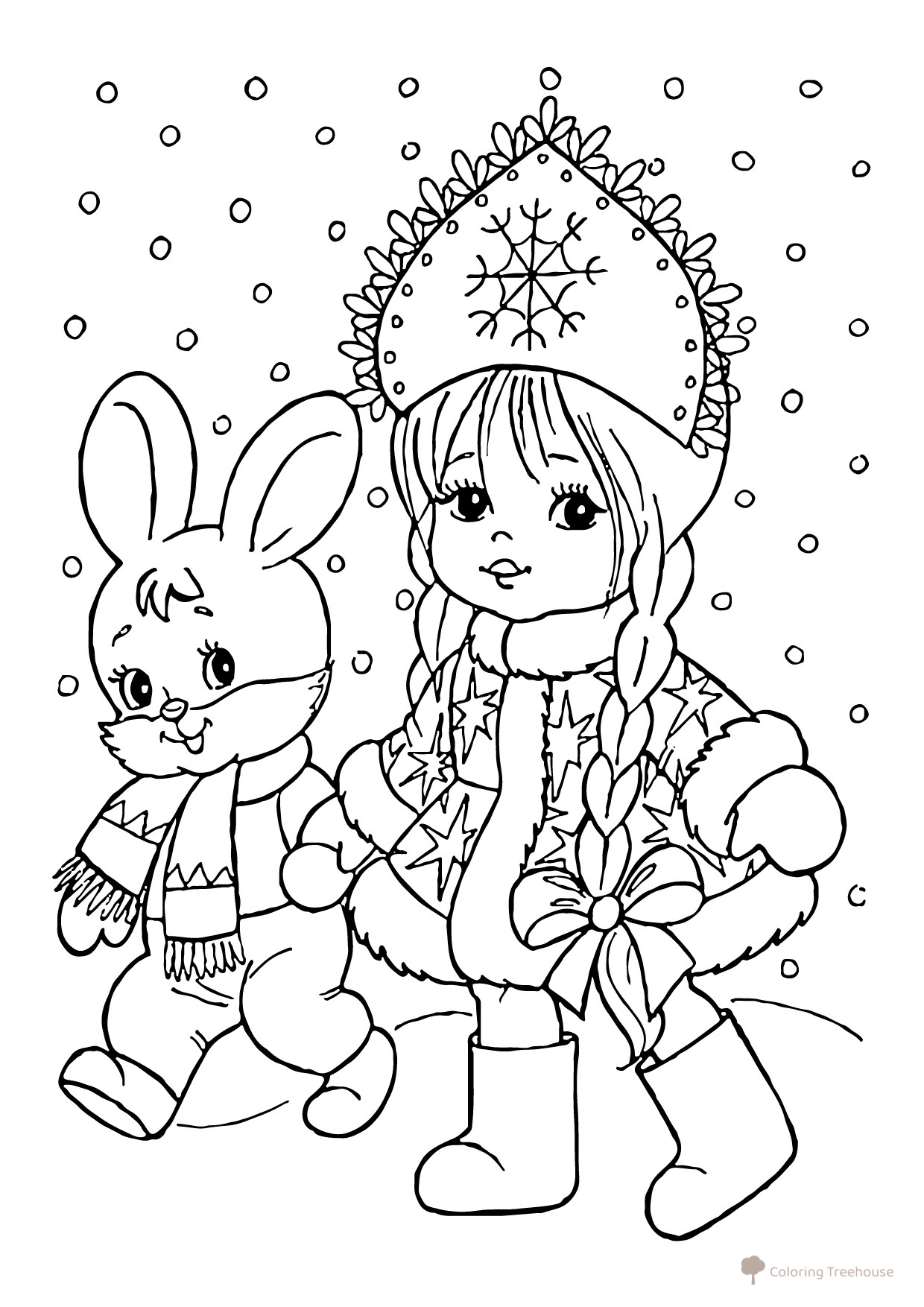 Página para colorear: La Doncella de Nieve pasea con un conejito dibujo para colorear gratis de Páginas para colorear de Snegurochka