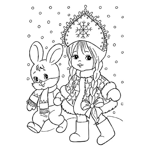 Página para colorear: La Doncella de Nieve pasea con un conejito dibujo para colorear gratis de Páginas para colorear de Snegurochka