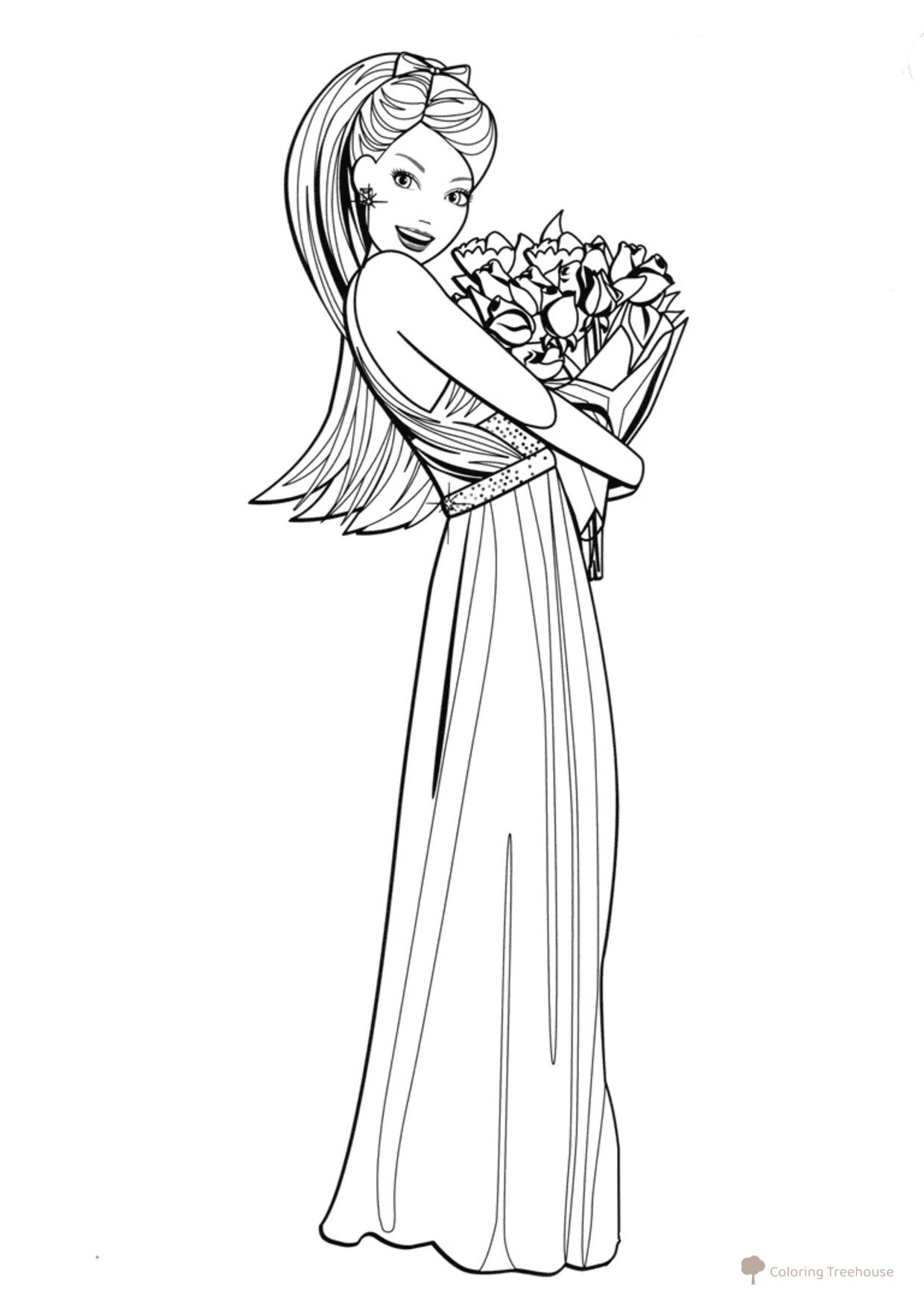 Página para colorear de Barbie con un ramo de flores dibujo para colorear gratis de Barbie Coloring Pages for Girls