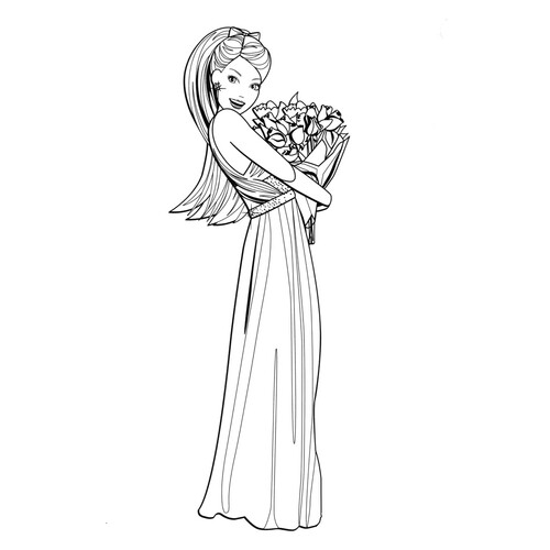 Página para colorear de Barbie con un ramo de flores dibujo para colorear gratis de Barbie Coloring Pages for Girls