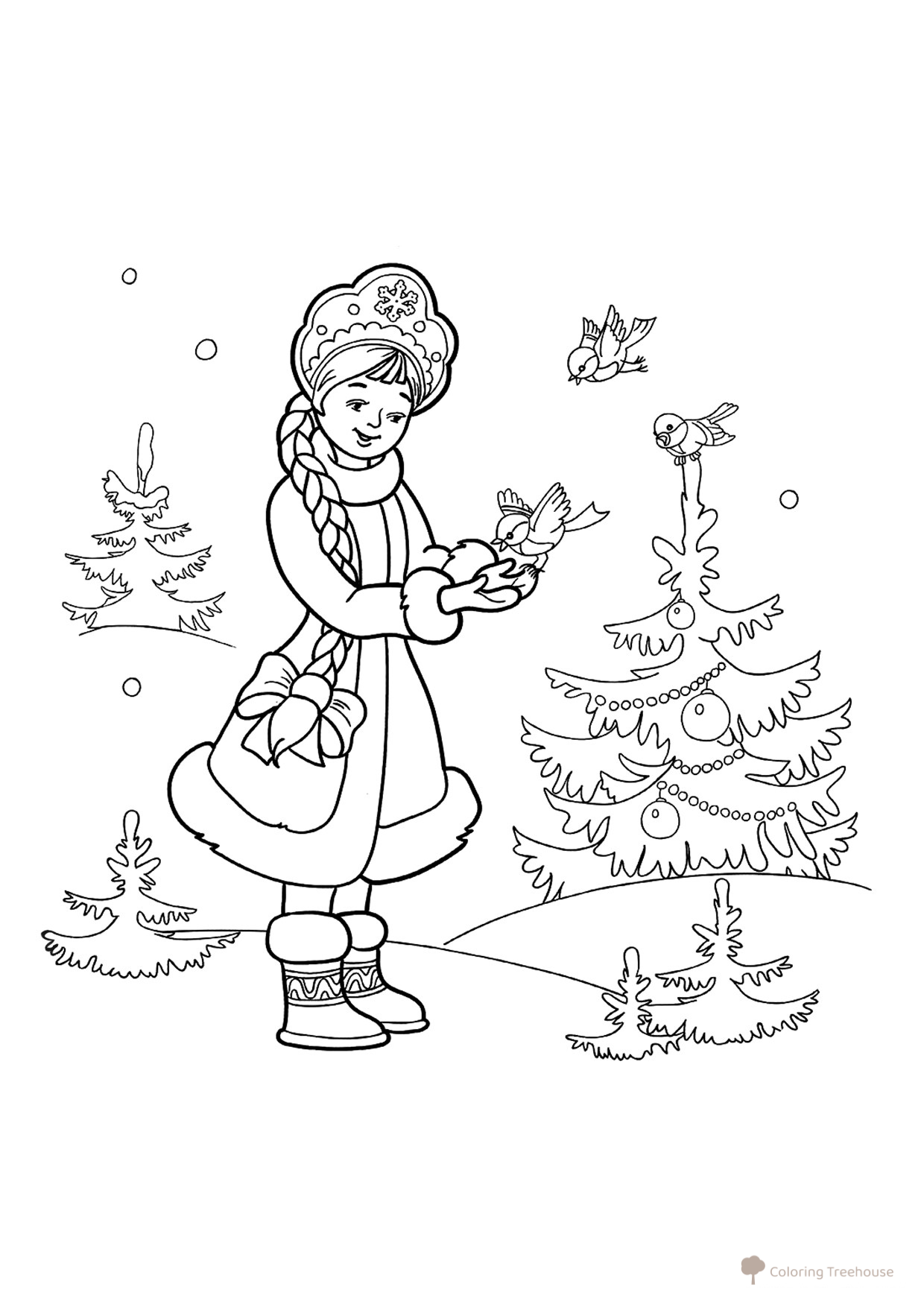Página para colorear: Snegurochka alimenta a los pajaritos dibujo para colorear gratis de Páginas para colorear de Snegurochka