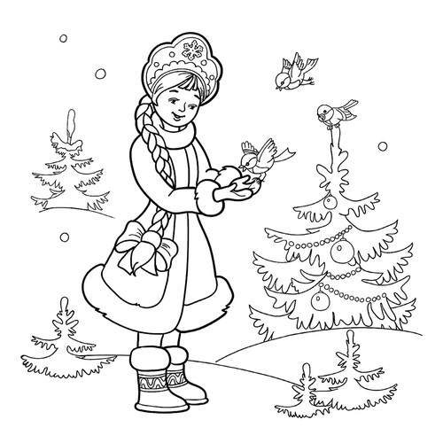 Página para colorear: Snegurochka alimenta a los pajaritos dibujo para colorear gratis de Páginas para colorear de Snegurochka