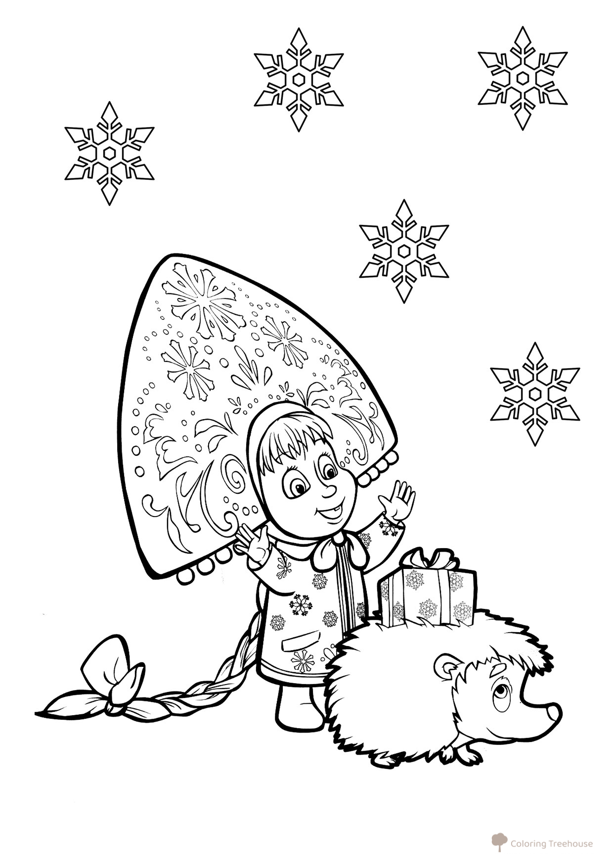 Snegurochka (Snow Maiden) Masha with Hedgehog Coloring Page free printable Snow Maiden Coloring Pages coloring page