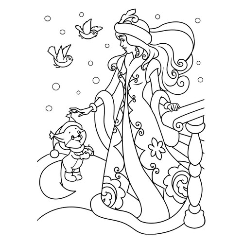 Snegurochka (Snow Maiden) Coloring Page with a Baby Squirrel and Birds free printable Snow Maiden Coloring Pages coloring page
