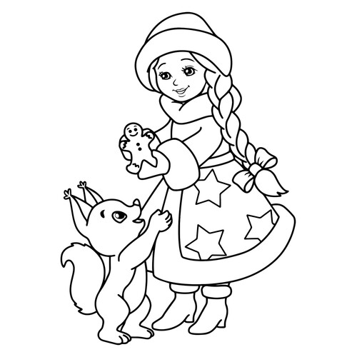 Snegurochka (Snow Maiden) with Squirrel Coloring Page for Toddlers free printable Snow Maiden Coloring Pages coloring page