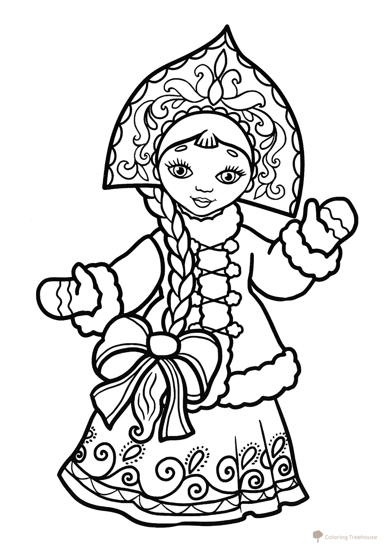 Snegurochka with Kokoshnik Coloring Page free printable Snow Maiden Coloring Pages coloring page