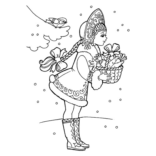Snow Maiden (Snegurochka) with a Basket of Carrots Coloring Page free printable Snow Maiden Coloring Pages coloring page